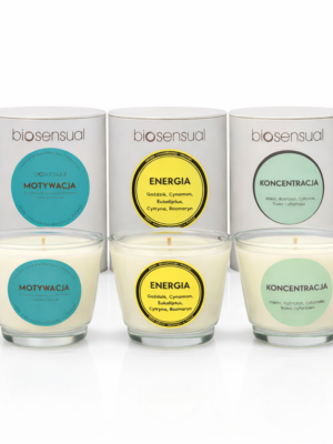 Zestaw egzaminacyjny świec aromaterapeutycznych Biosensual – Motywacja, Energia i Koncentracja, naturalne świece zapachowe z olejkami eterycznymi