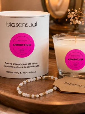 Zestaw BLISKOŚĆ – świeca aromatyczna AFRODYZUJE + bransoletka z Kwarcu Różowego