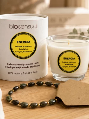 Zestaw ENERGIA – świeca aromatyczna + bransoletka Jaspis Smocza Krew i Hematyt